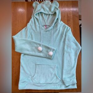 RUE21 Plush Sherpa Hoodie w/ Ears & Drawstring Puff Balls Ends- Aquamarine M